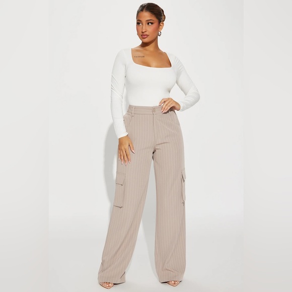 EUC Fashion Nova Nikki Cargo Trouser - Taupe/white pinatripe - Picture 3 of 7